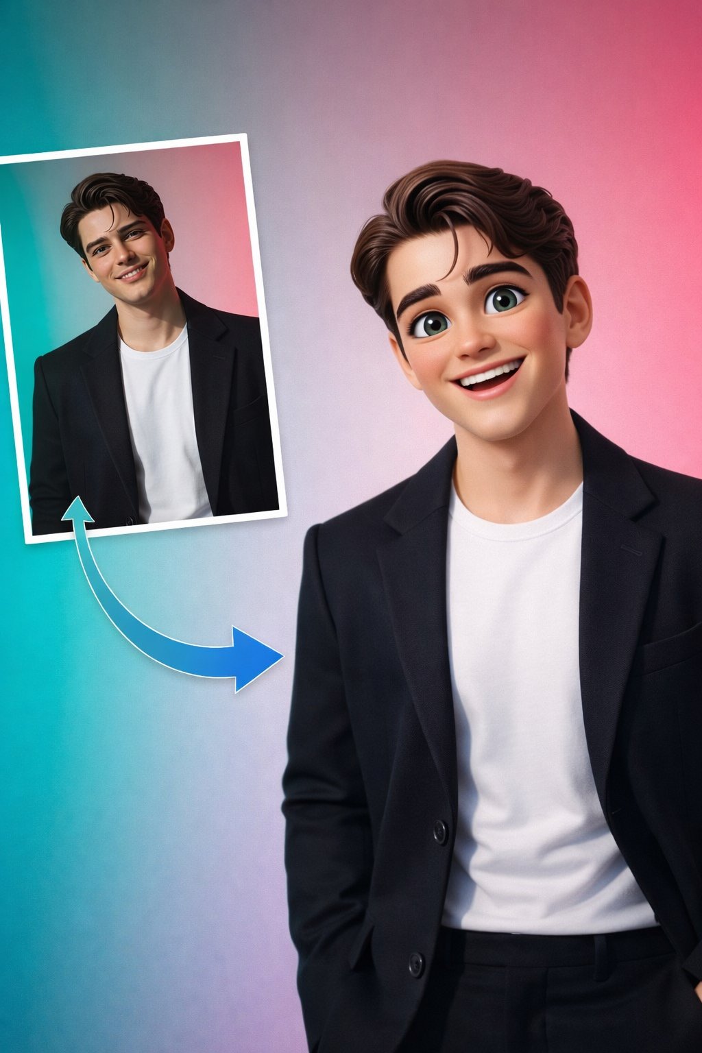A stylized 3D cartoon portrait of a young man with short brown hair…