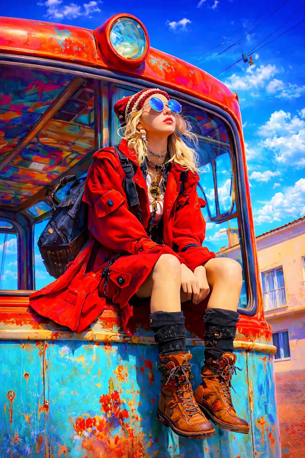 A stylish young woman sitting on the front edge of an old vintage…