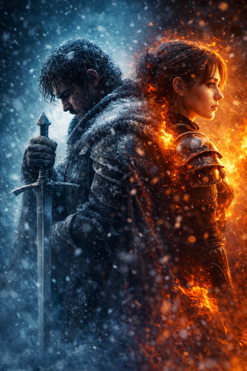 A dramatic cinematic poster-style portrait of two epic fantasy…