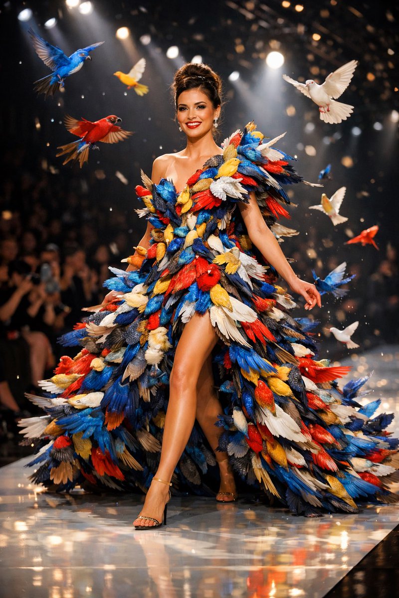 A playful high-fashion runway scene featuring a confident woman…