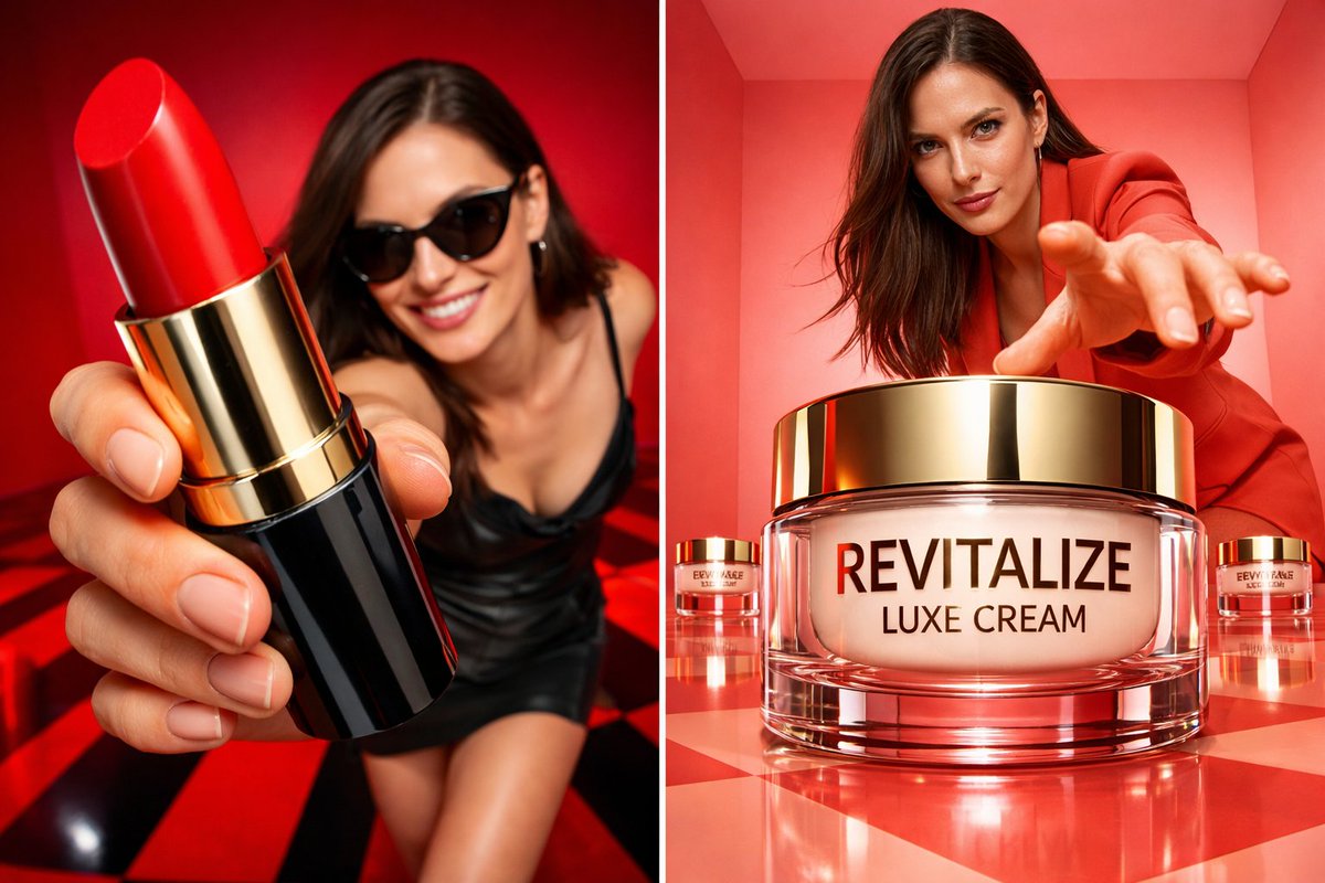 Photorealistic bold beauty campaign using uploaded model as exact…