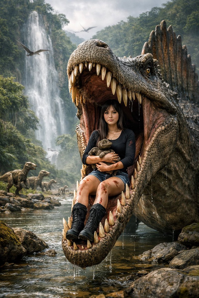 Ultra-realistic cinematic fantasy scene set in a lush prehistoric…
