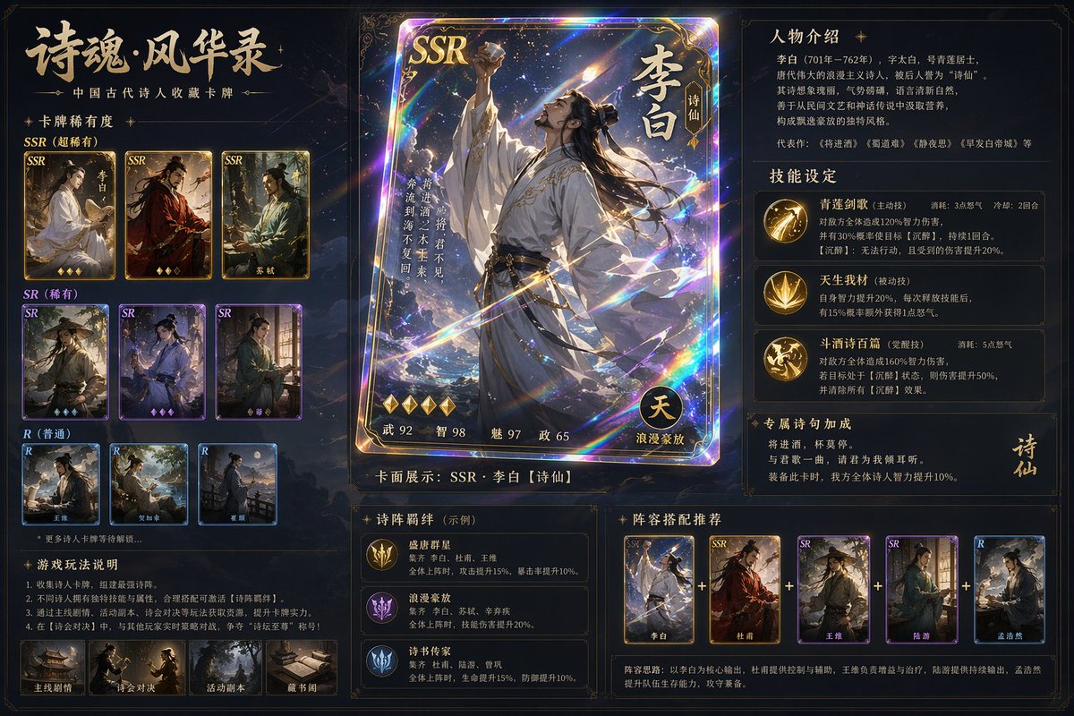 Design a set of game cards for ancient Chinese poets, classified by…
