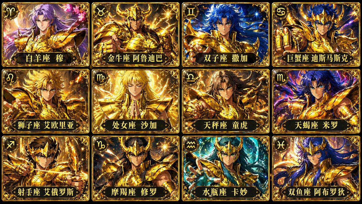 Generate a 12-grid card image of the 12 Gold Saints from Saint Seiya,…