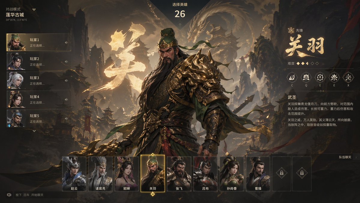 Imitating the style of Valorant, generate a Three Kingdoms…
