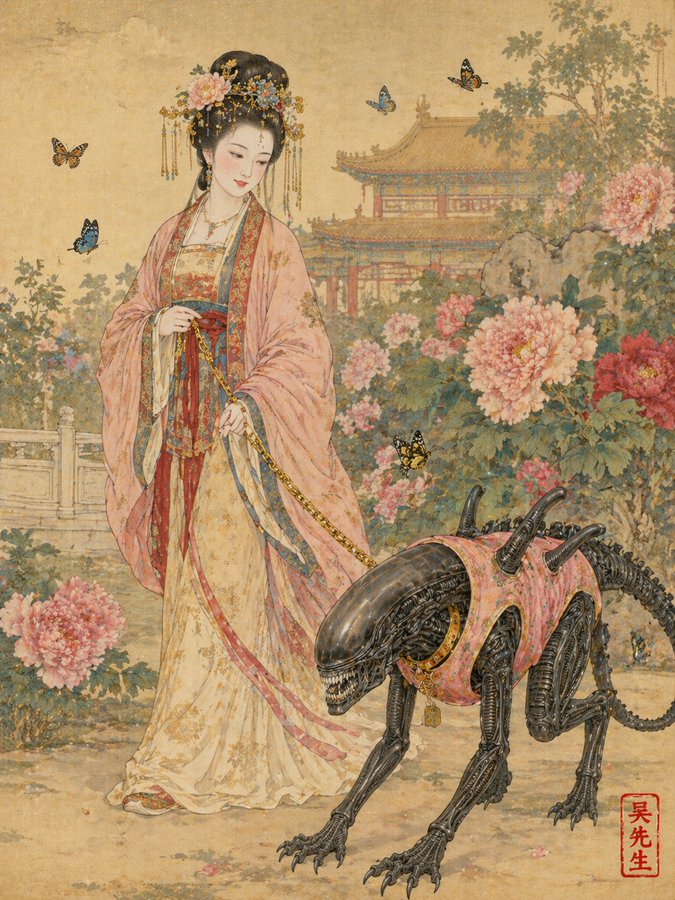 A finely detailed Gongbi painting of a noble Tang Dynasty lady taking…