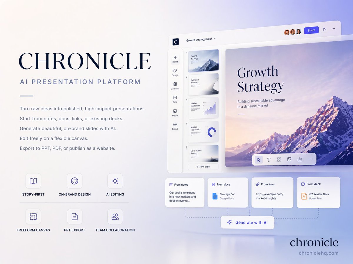 Create a premium 4:3 presentation cover slide introducing Chronicle,…