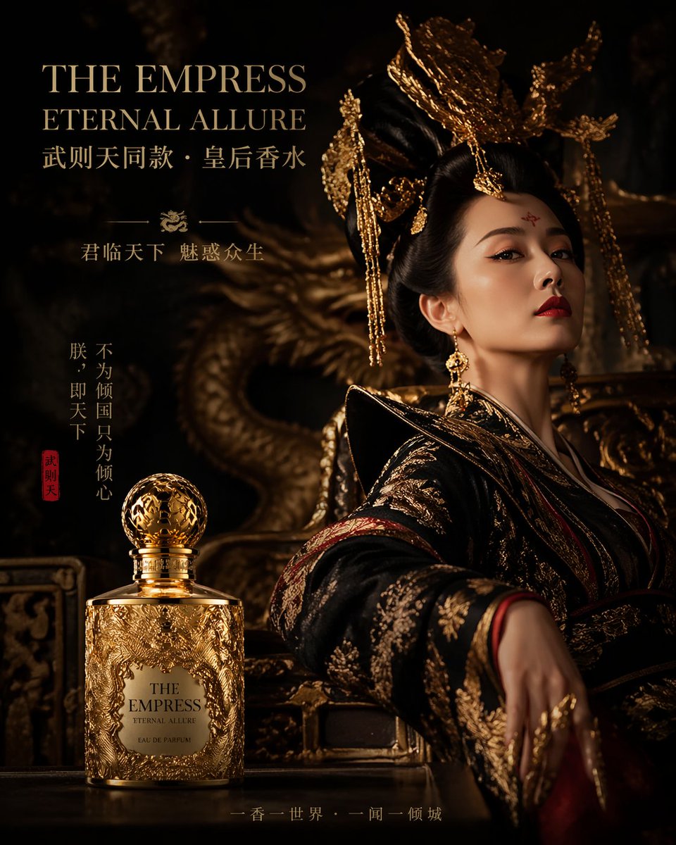 Empress perfume advertisement, same style as Wu Zetian, golden bottle…