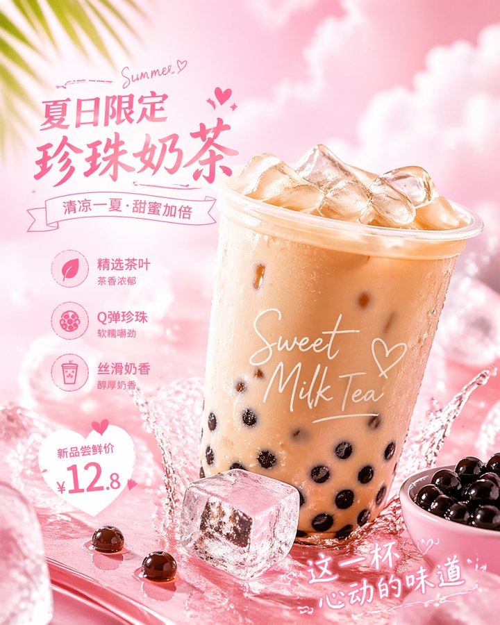 Milk tea advertisement image, pink girly style, close-up of bubble…