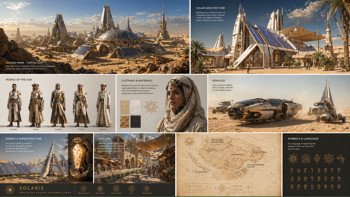Create a complete visual worldbuilding set for a futuristic desert…