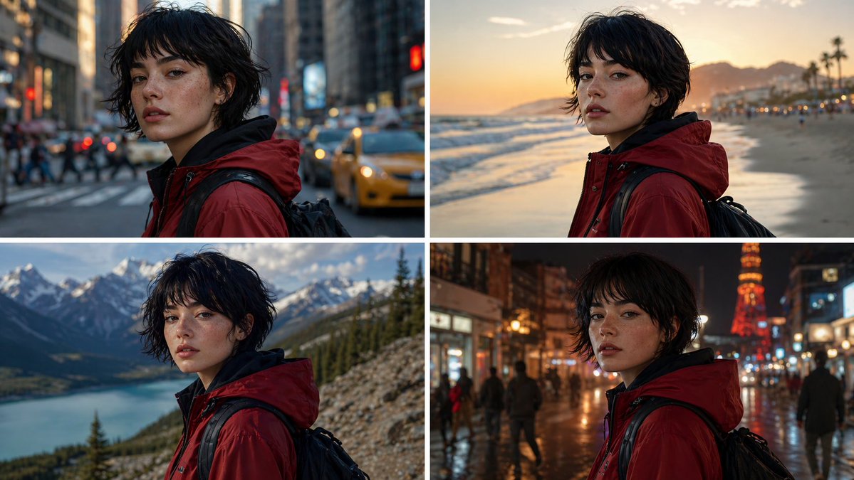Create a highly consistent multi-image set where the same young woman…