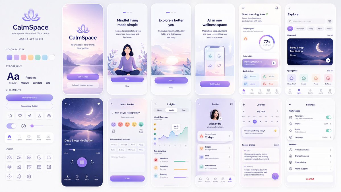 Design a complete mobile app UI kit for a mental wellness app called…