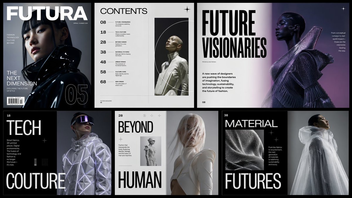Design a multi-page editorial magazine spread about futuristic…