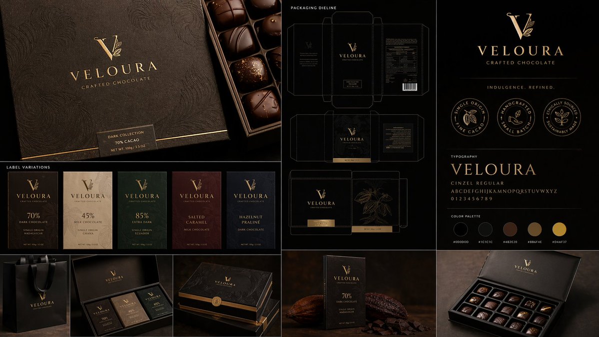 Create a multi-image packaging design system for a luxury chocolate…