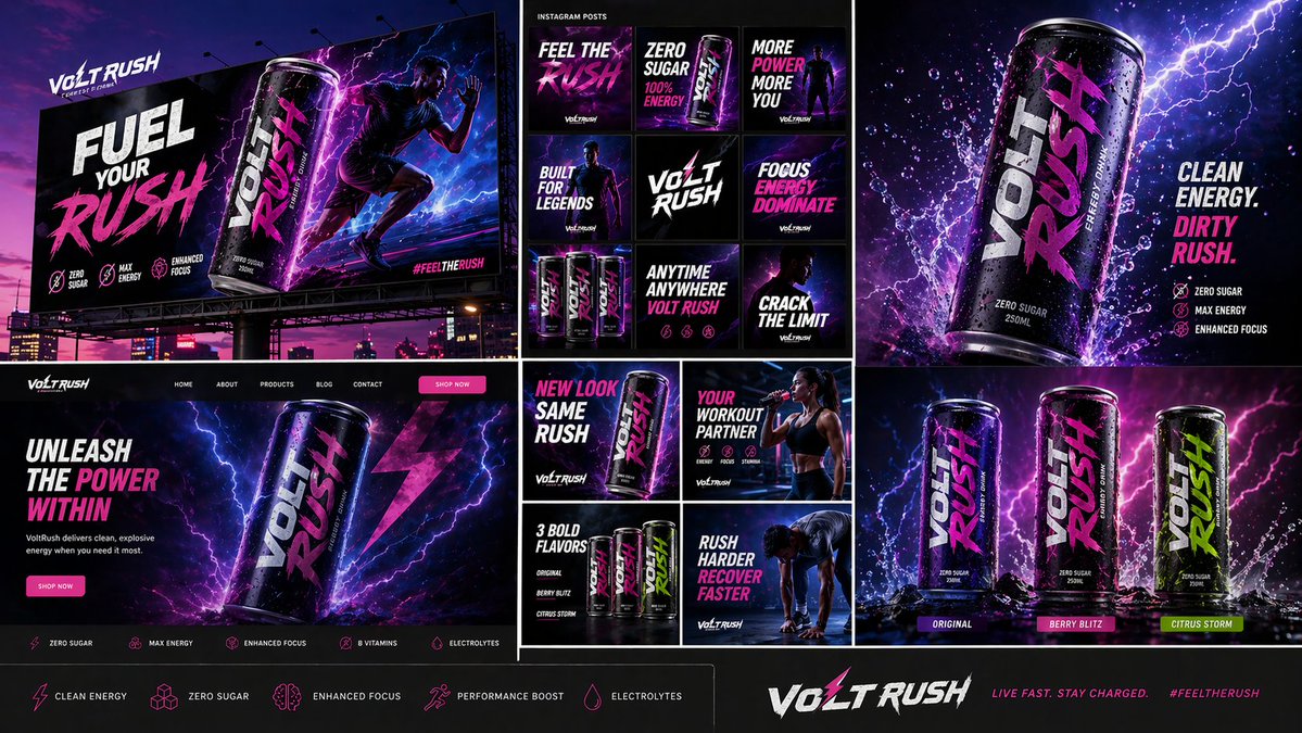 Create a full marketing campaign visual set for a new energy drink…