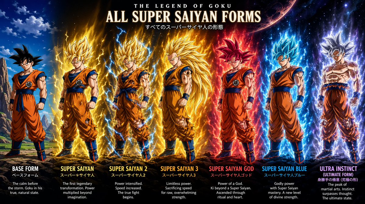 Create Goku from Dragon Ball Z showing all his Super Saiyan…
