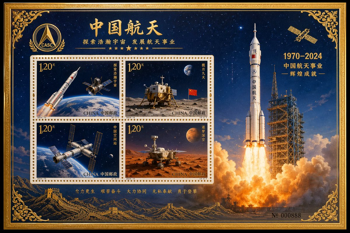 Chinese aerospace commemorative stamp souvenir sheet, rocket launch…