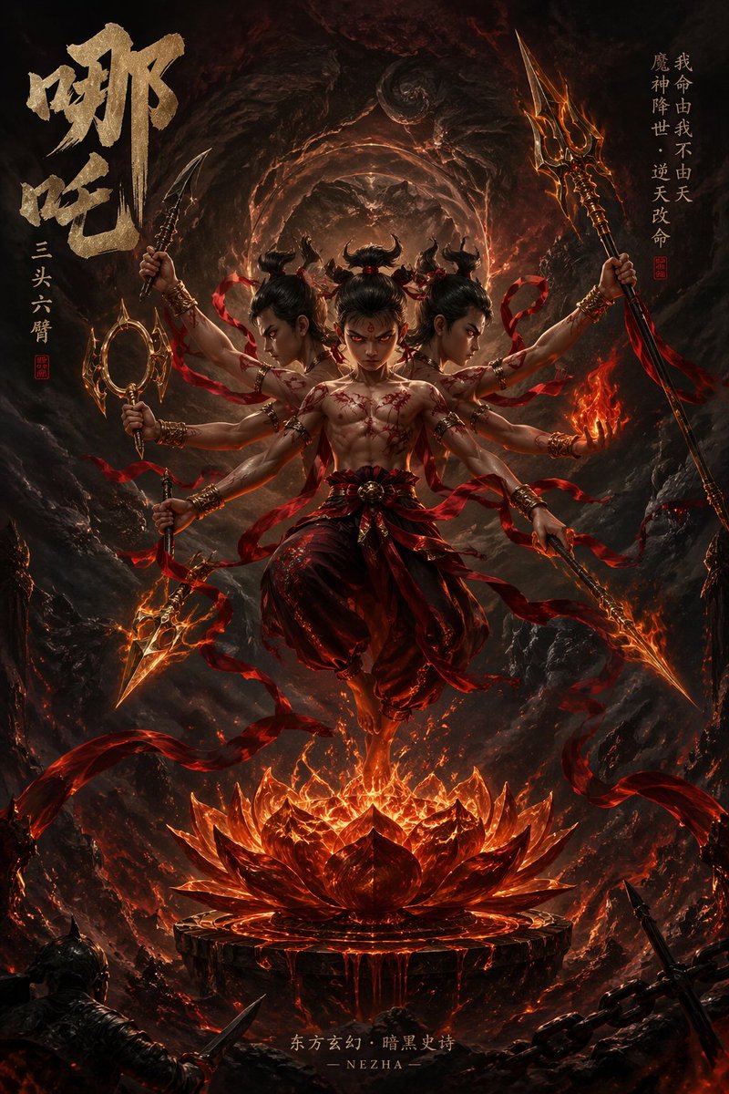 Fantasy novel cover, Nezha with three heads and six arms floating in…