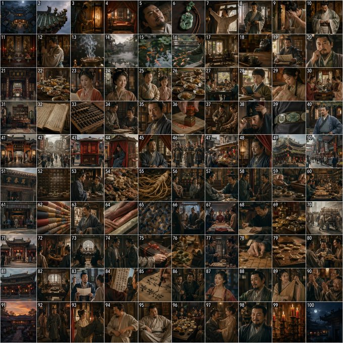 100-grid storyboard frame of Ximen Qing game, 10×10 grid layout, 1:1…