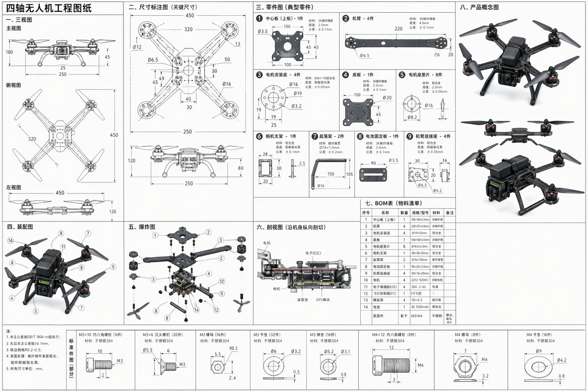 Quadcopter drone engineering drawing with dimensions, including but…