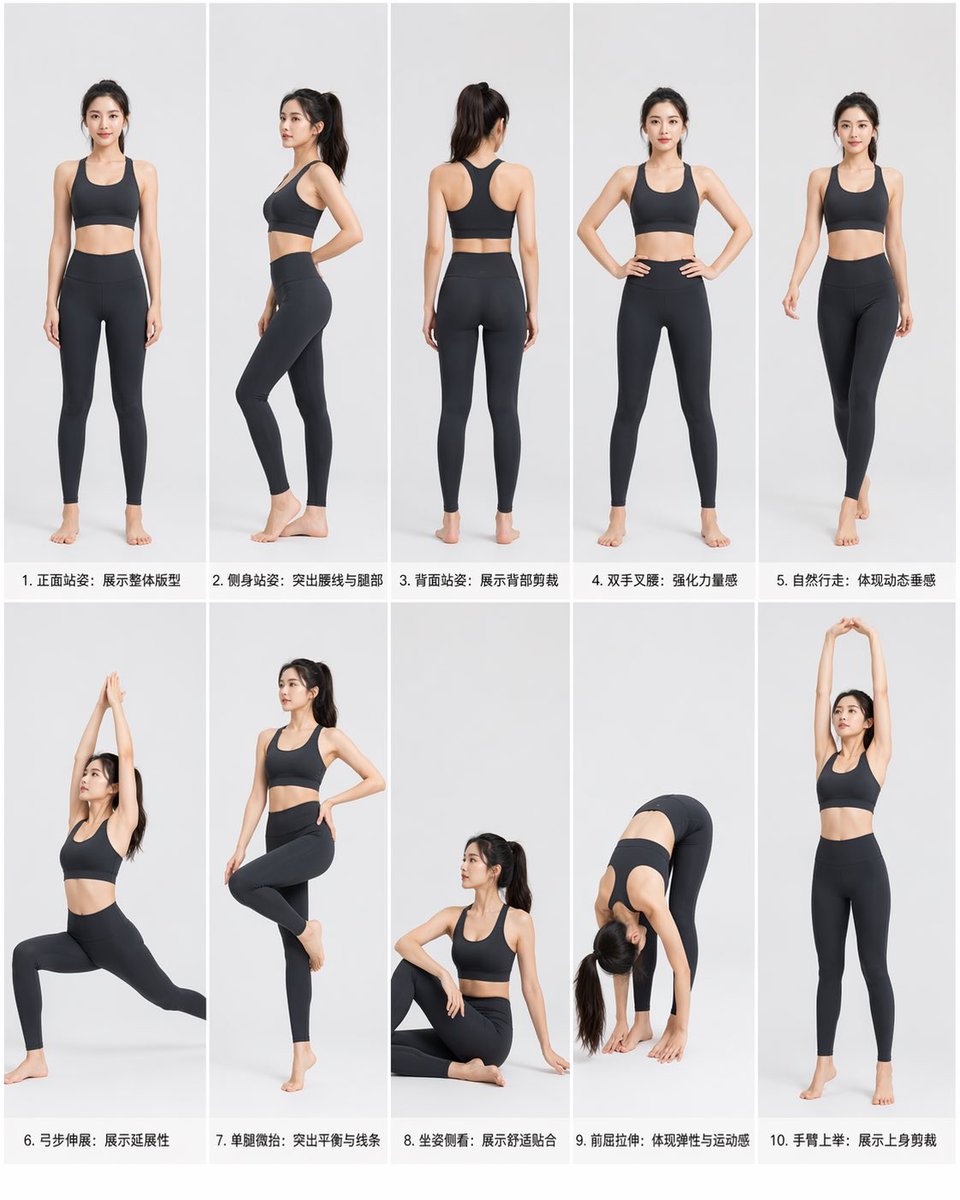 Professional sportswear product photography pose guide, East Asian…