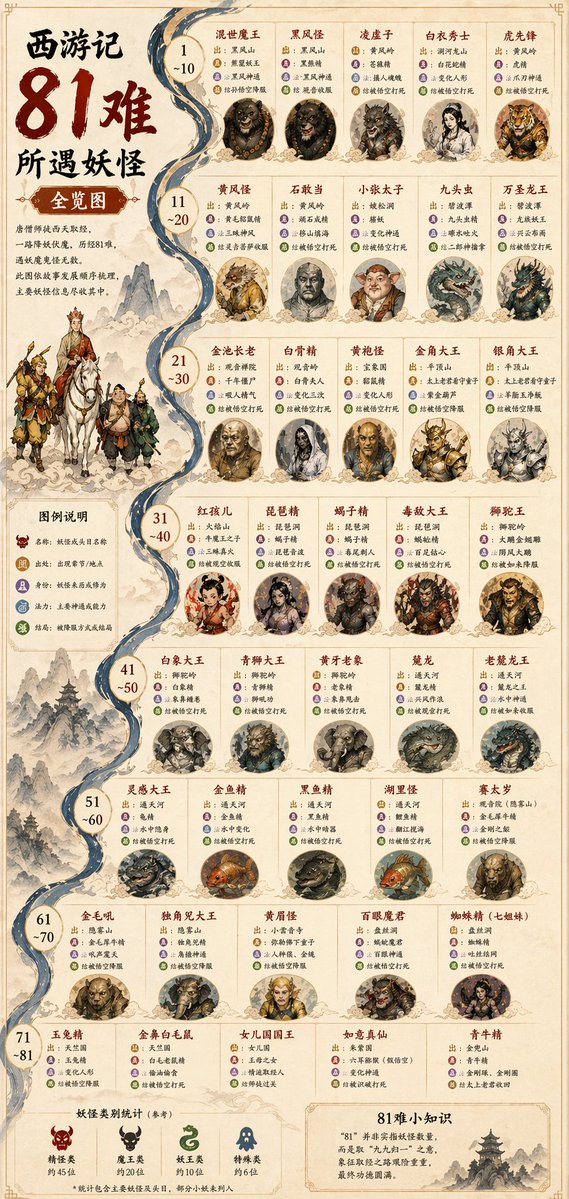 Infographic of monsters encountered in the 81 tribulations of Journey…
