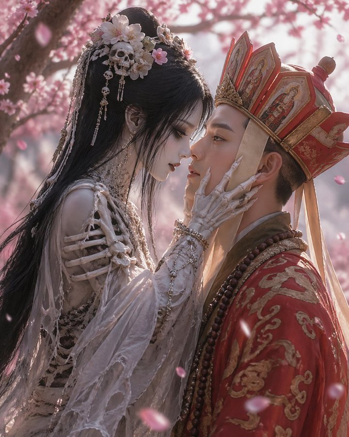 White Bone Demon girl applying vermilion to Tang Seng's forehead,…