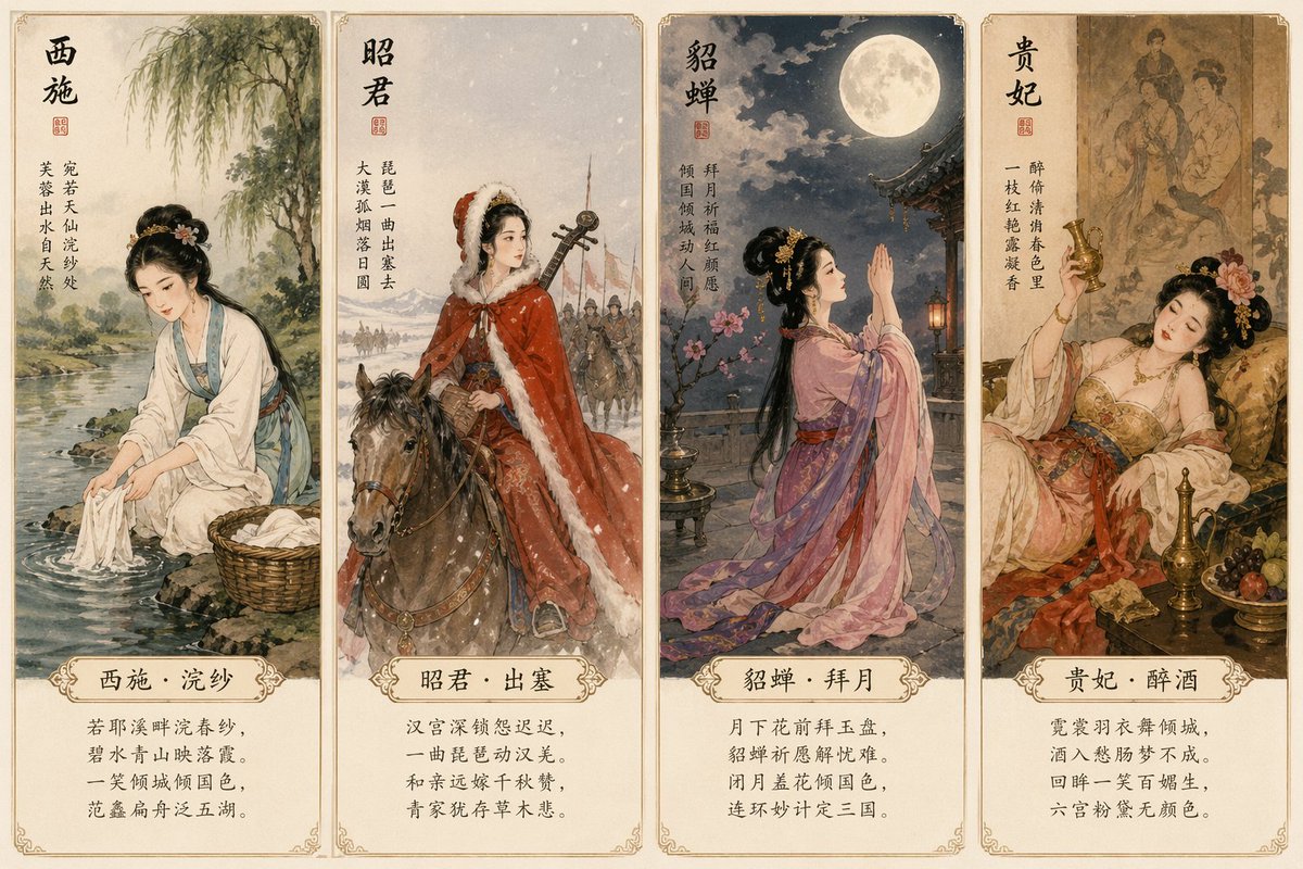 Four beauties postcards, Xi Shi washing silk, Wang Zhaojun departing…