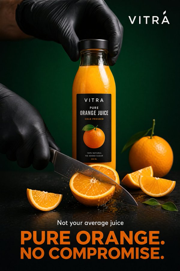 Create a bold, high-end commercial poster for a premium orange juice…