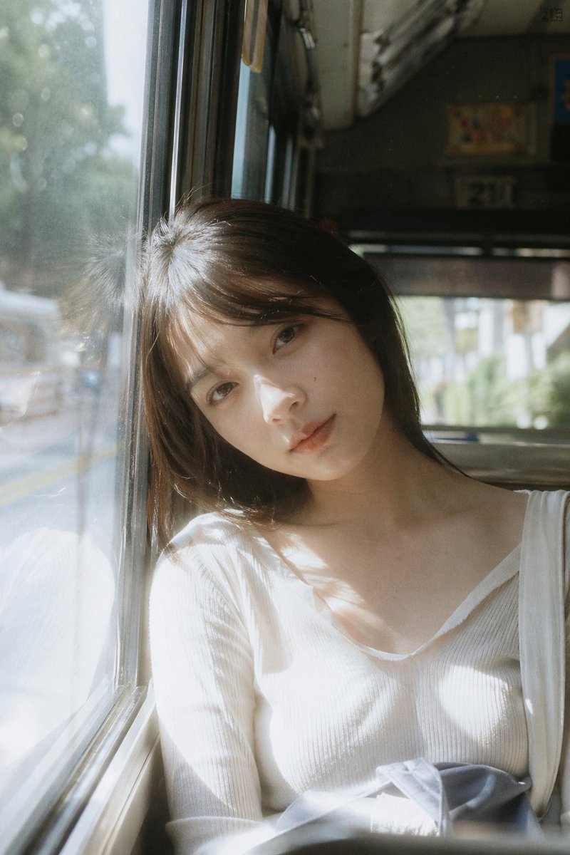 Japanese negative film aesthetic, bus window seat, soft daylight…