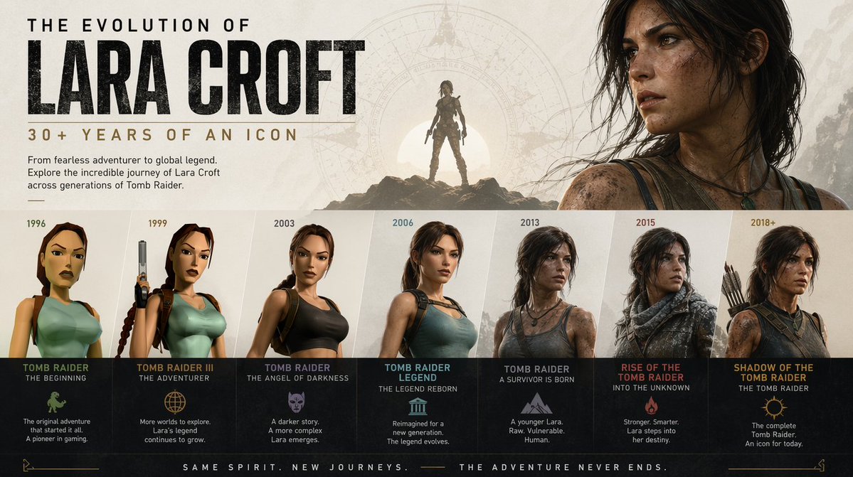 Create a modern design poster showing the evolution of Lara Croft…