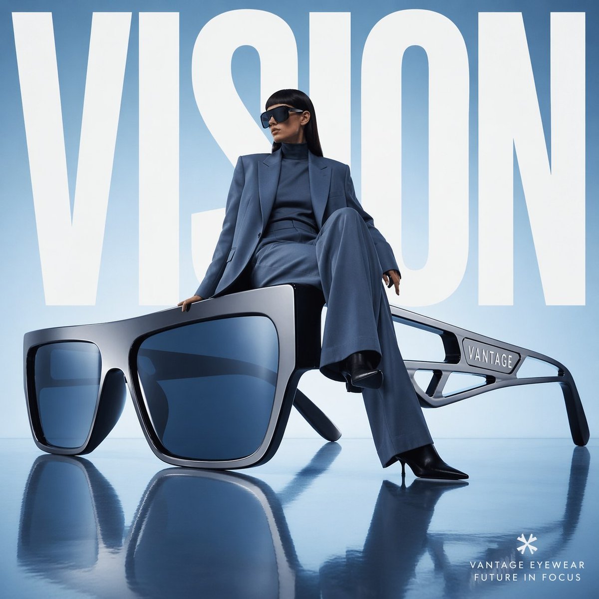 Avant-garde fashion advertisement, oversized futuristic sunglasses…