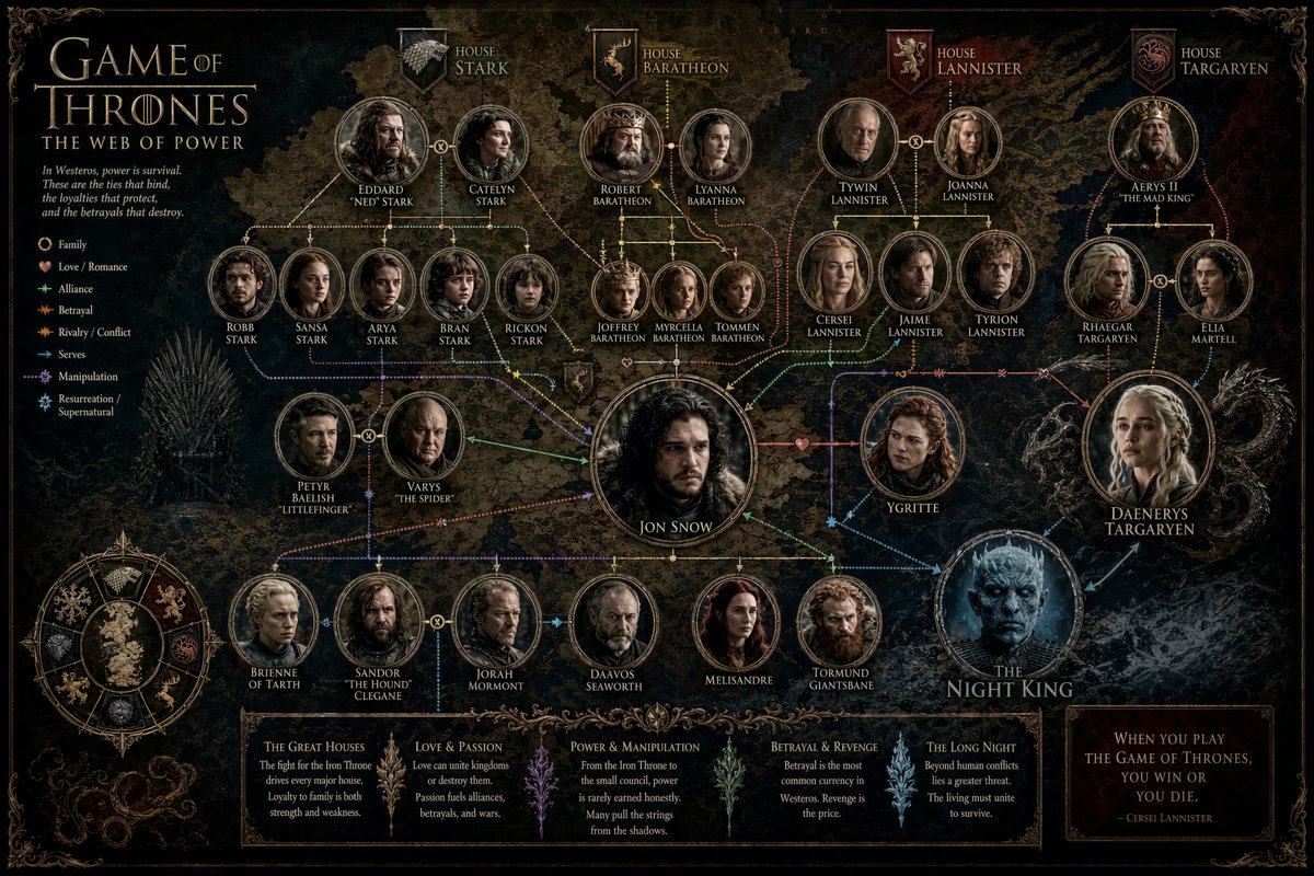 Create a premium cinematic character relationship diagram for the TV…