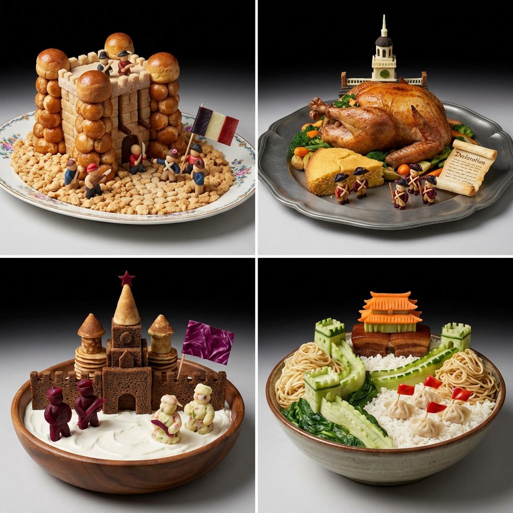 2x2 grid, do this for 4 famous revolutions with cuisine of their…
