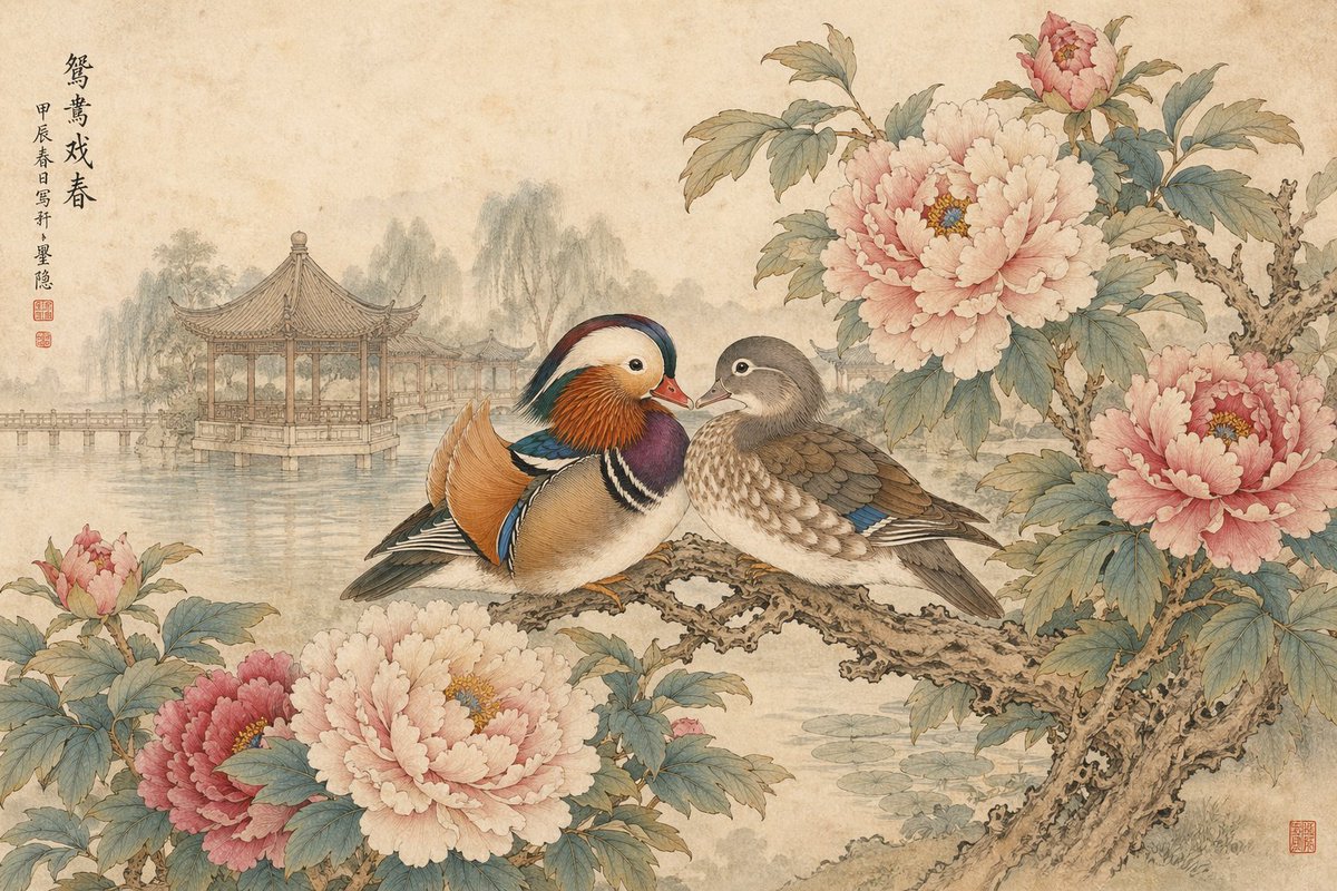 Traditional Gongbi heavy color style, lakeside garden pavilions