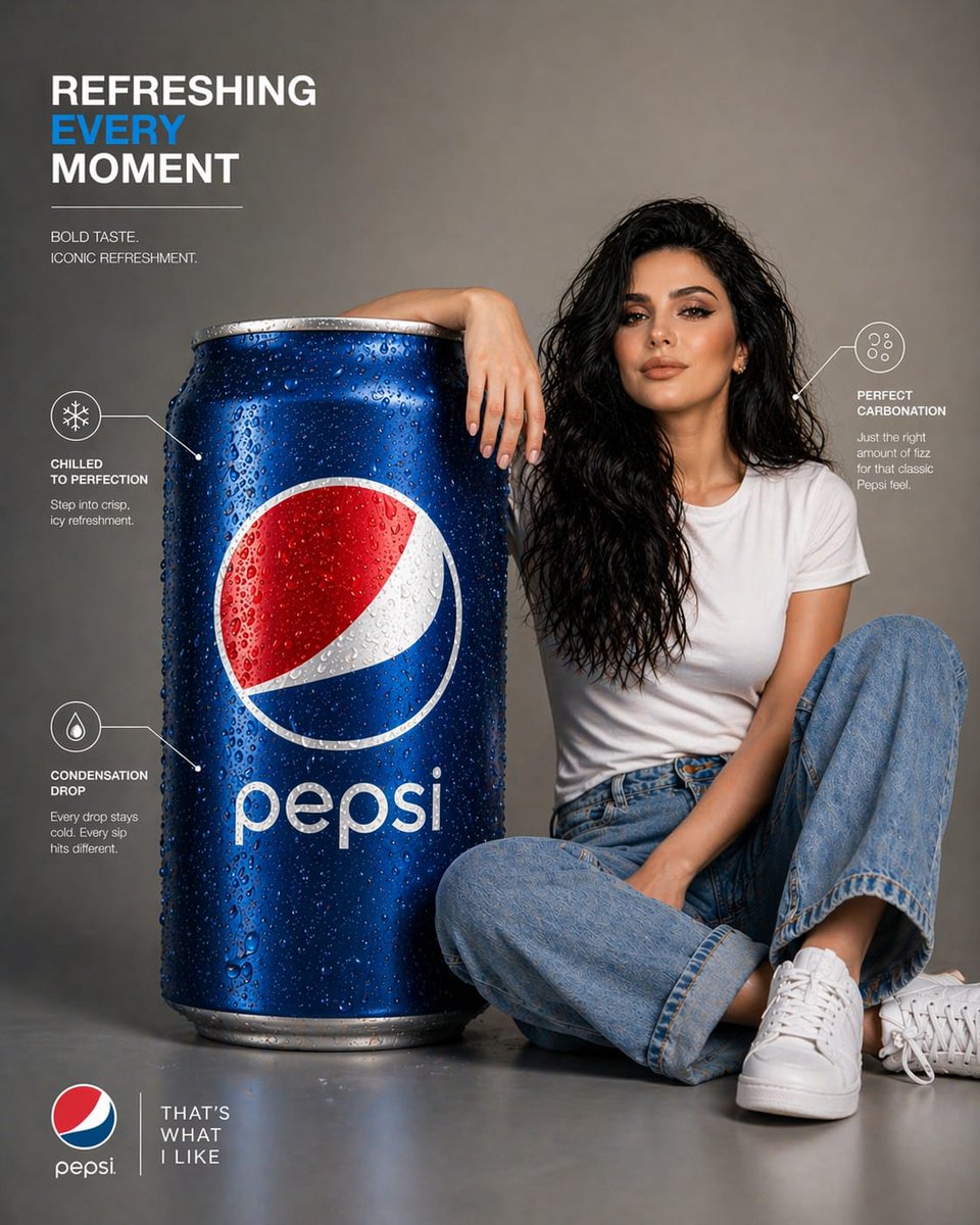 A premium infographic-style visual featuring an oversized Pepsi can…