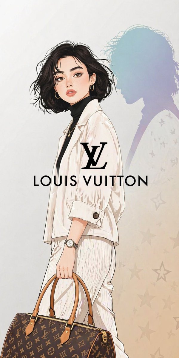 A luxury fashion illustration in Louis Vuitton advertisement style