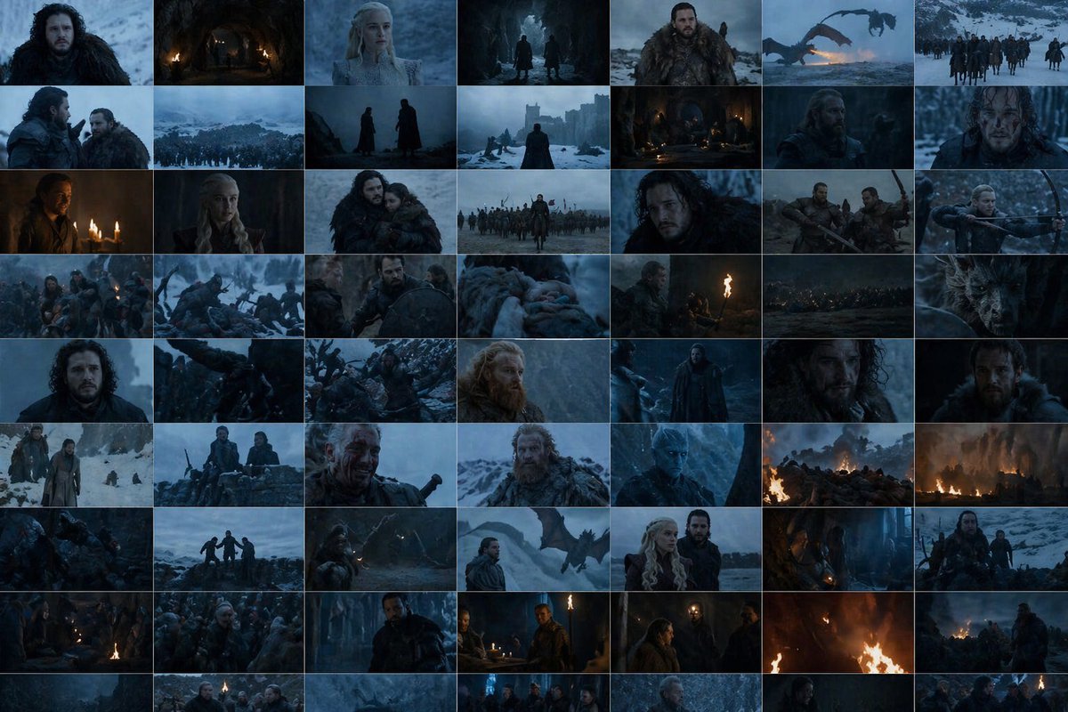 Create a 63 image grid of cinematic movie stills from the same movie