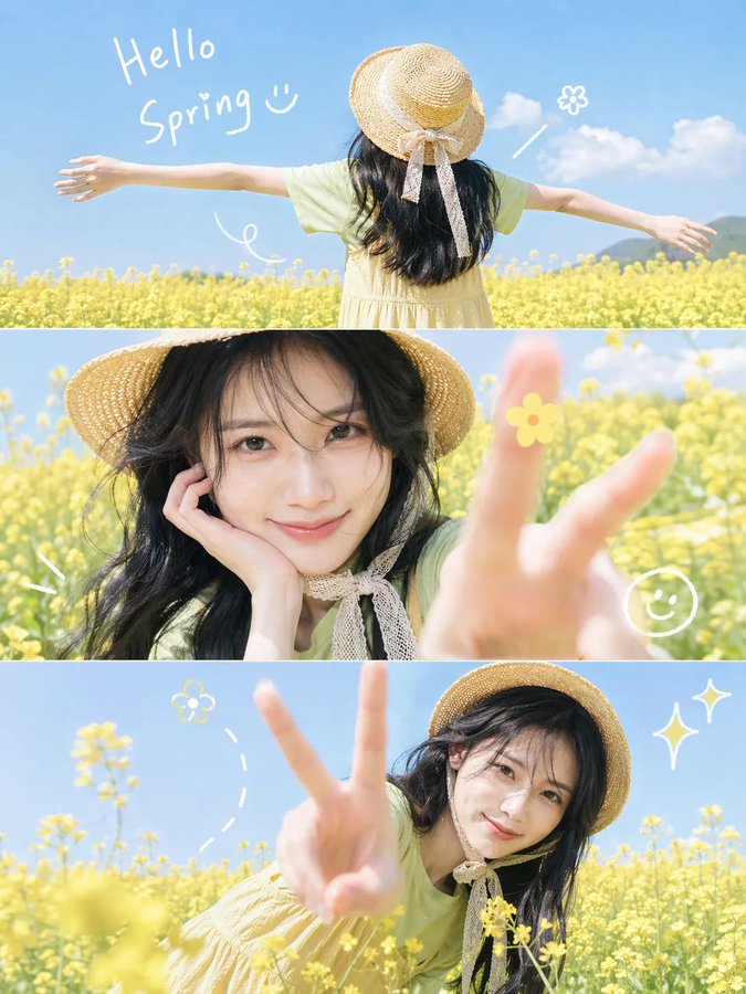 A bright, playful spring aesthetic photo collage in a 3-panel…