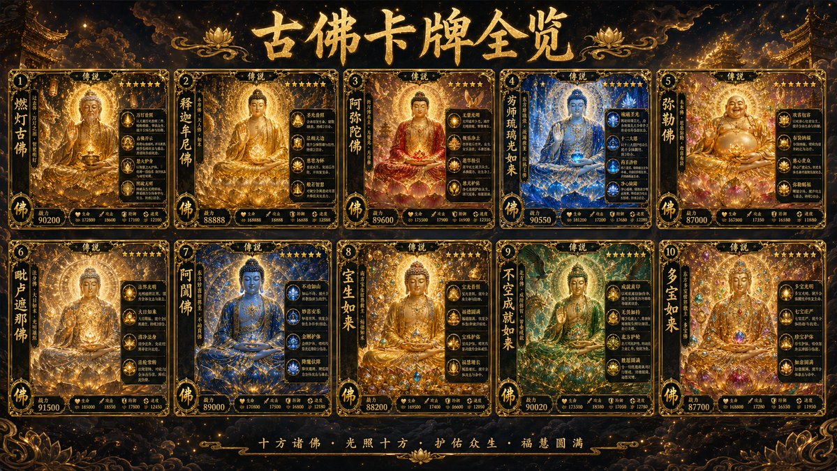 Generate an image of the Ten Ancient Buddhas using a card character…