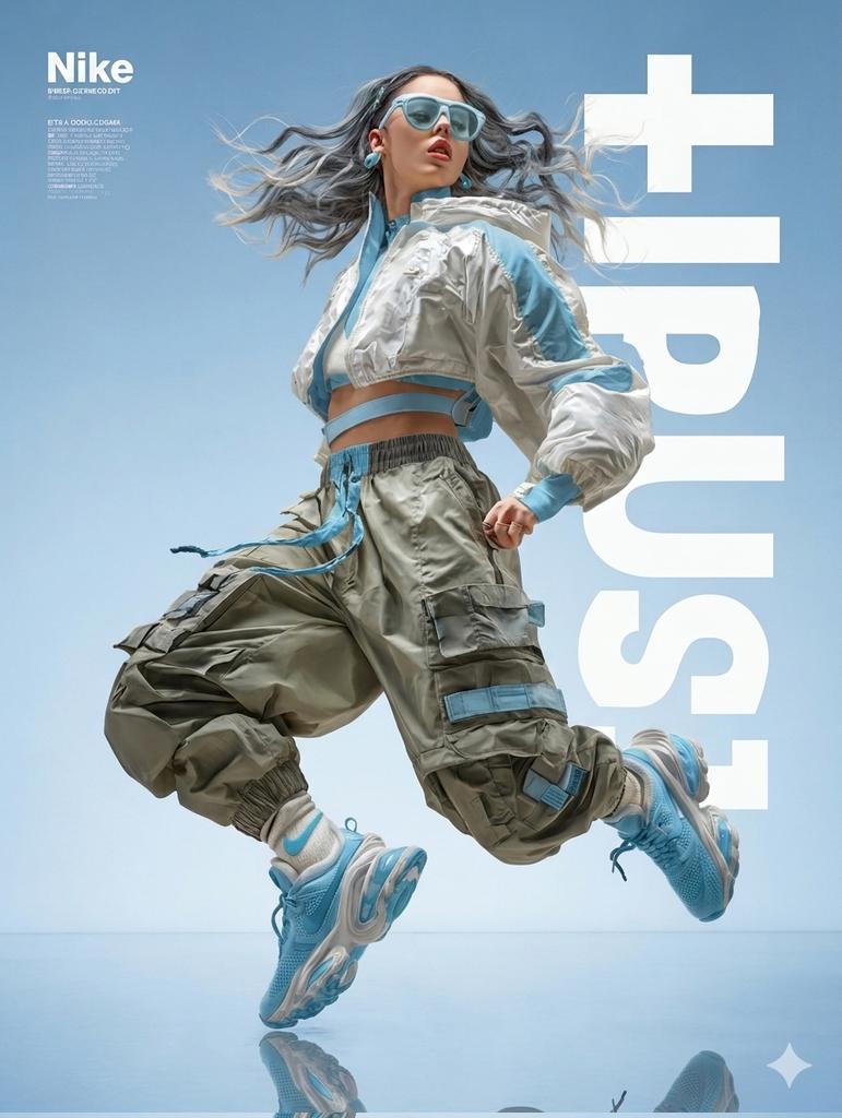 A dynamic, high-fashion action photograph features a woman with…