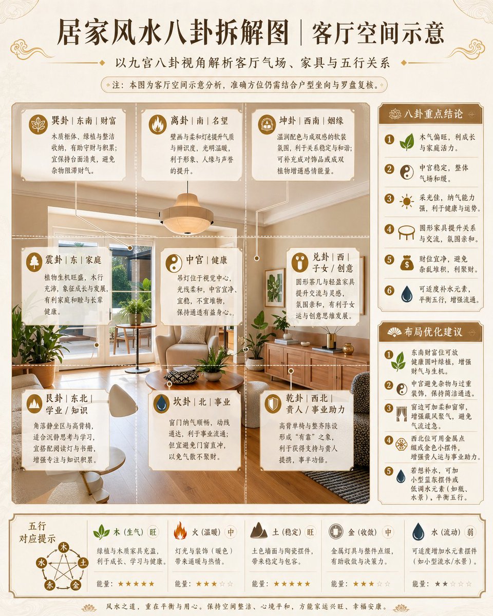 A detailed Feng Shui Bagua breakdown diagram for the decoration and…