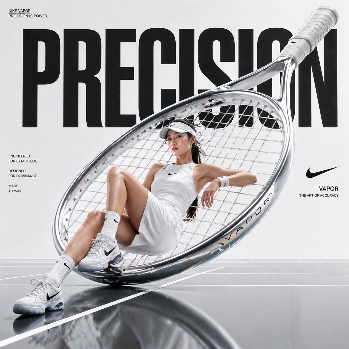 Avant-garde sports fashion advertisement, oversized tennis racket…