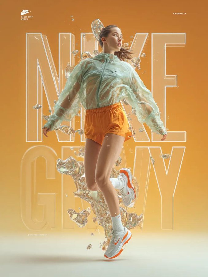 A dynamic fashion advertisement for Nike showing a hyper-realistic…