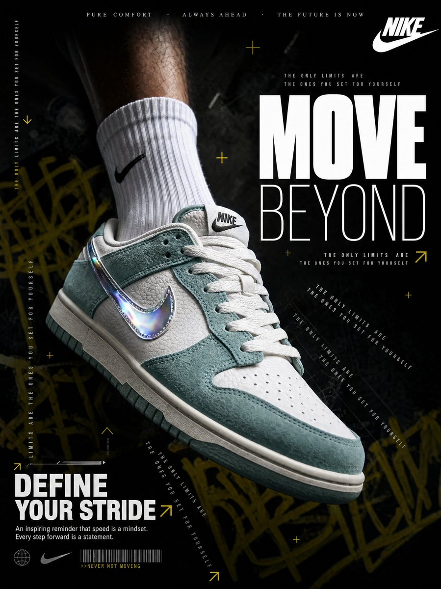 A hyperrealistic Nike sneaker advertisement shot in a dark, moody…