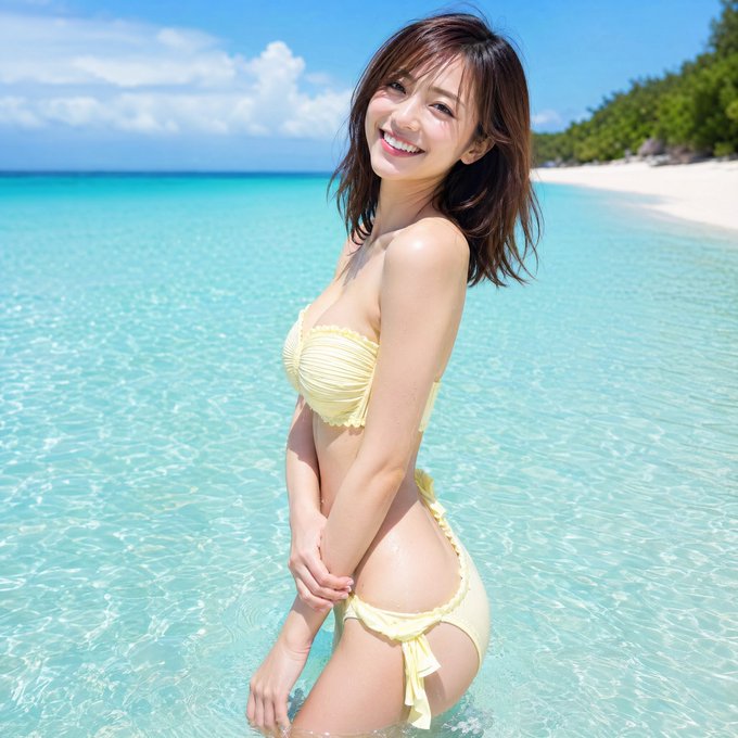 A beautiful Japanese woman wearing a blue and white gradient…