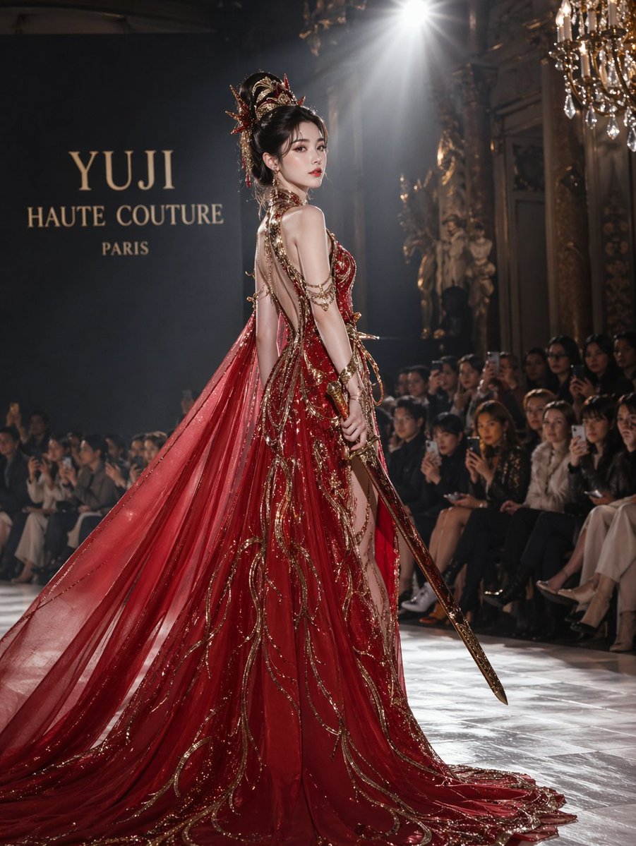Yu Ji trying on a haute couture dress, red trailing long skirt with a…