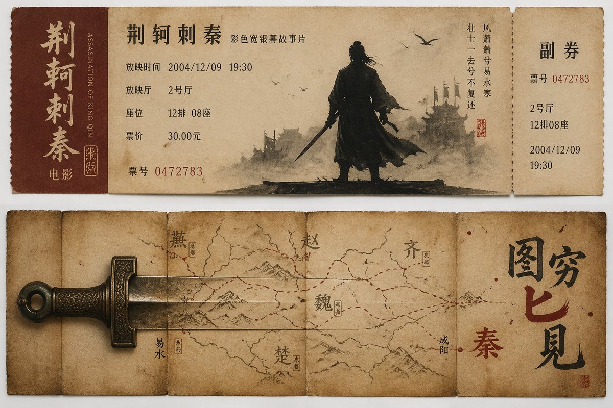 Jing Ke assassinating the King of Qin movie ticket stub, dagger map…