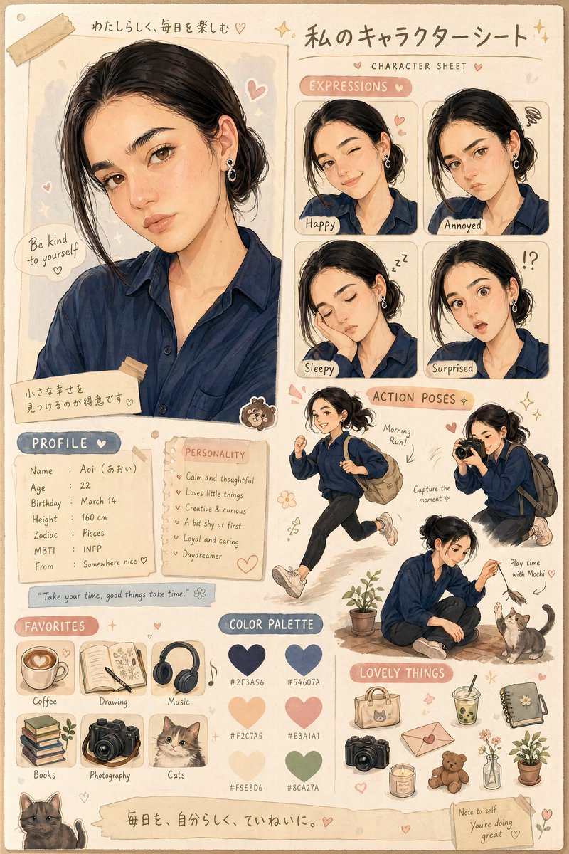 Create an adorable character design sheet based on the uploaded image
