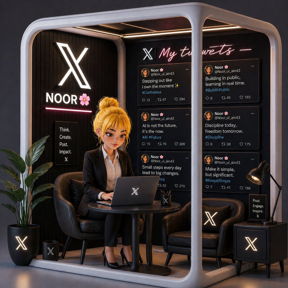 A highly detailed 3D stylized mini glass office booth inspired by X…